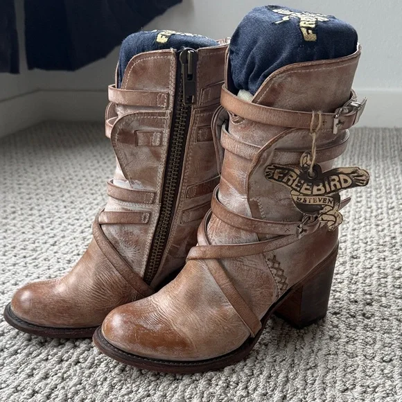 Freebird by Steven Brown Leather Wrap-Strap Heeled Boots - Picture 1 of 6